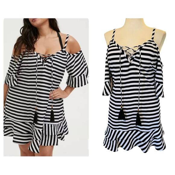 Torrid Black/White‎ Striped Cold Shoulder Lace Up Swimsuit Cover Up Dress 1X - Picture 1 of 3